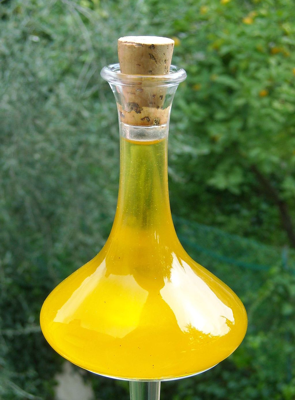 glass jar of olive oil with cork and green background