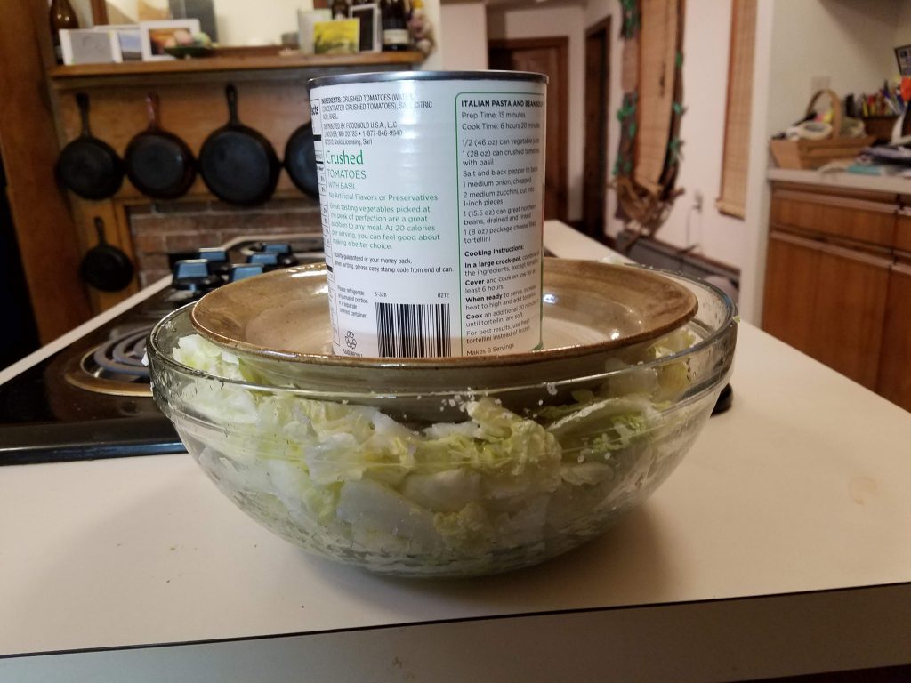 can of tomatos on top of bowl of cabbage