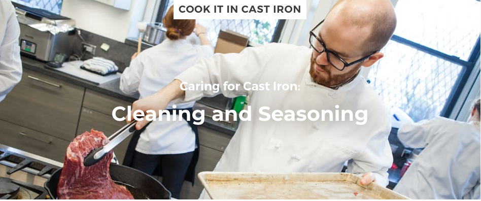 man cooking meat in cast iron pan