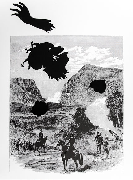 Kara Walker, <i>Buzzard’s Roost Pass</i>, 2005. Offset lithography and silkscreen on Somerset textured paper 42 7/16 x 28 1/4in. Mount Holyoke Museum of Art, Purchase with the Susan and Bernard Schilling (Susan Eisenhart, Class of 1932) Fund and the Belle and Hy Baier Art Acquisition Fund MH 2012.14.4