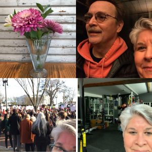 Tammy with husband, at gym, at women's march, vase of purple flowers