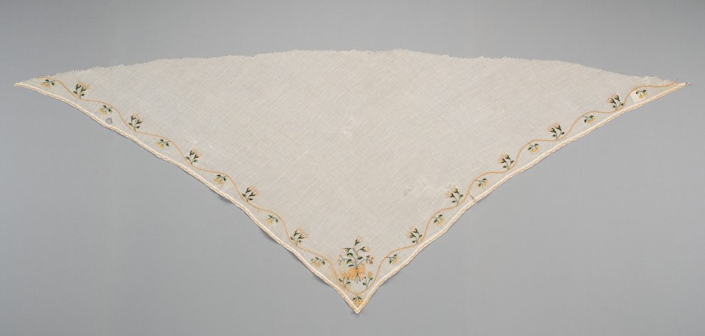 Maker: Unknown<br /> Culture: Indian (possibly)<br /> Title: Fragment<br /> Date Made: 1790-1805<br /> Type: Clothing<br /> Materials: Textile: polychrome silk embroidery (tambour or chain stitch); white plain weave, sheer cotton (mull)<br /> Credit Line: Gift from Mrs. Fred Thompson (nee Julia Acheson)<br /> Accession Number: T.093<br /> Collection: Historic Deerfield