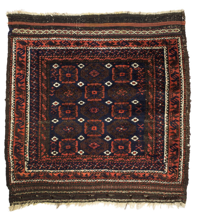 Maker: Unknown<br>Culture: Baluch <br>Title: Bag (khorjin) face <br>Date Made: 19th century <br>Type: Textile Materials: Wool warp, weft, and pile; asymmetrical knot <br>Place Made: Asia; Baluchistan (Iran, Pakistan, or Afghanistan) <br>Credit Line: Bequest of Eileen Paradis Barber <br>Accession Number: 1997.14.145.1 <br>Collection: Mount Holyoke College Art Museum