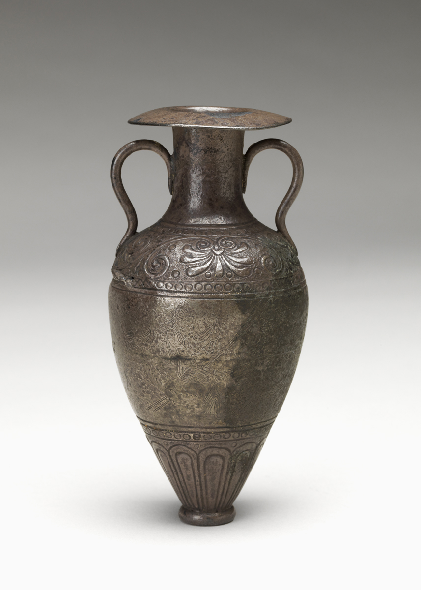 Unknown maker, Amphoriskos, ca. 400 BCE. Silver, 4 3/4 in x 2 1/2 in x 2 1/2 in. Mead Art Museum at Amherst College. AC 1958.125.a