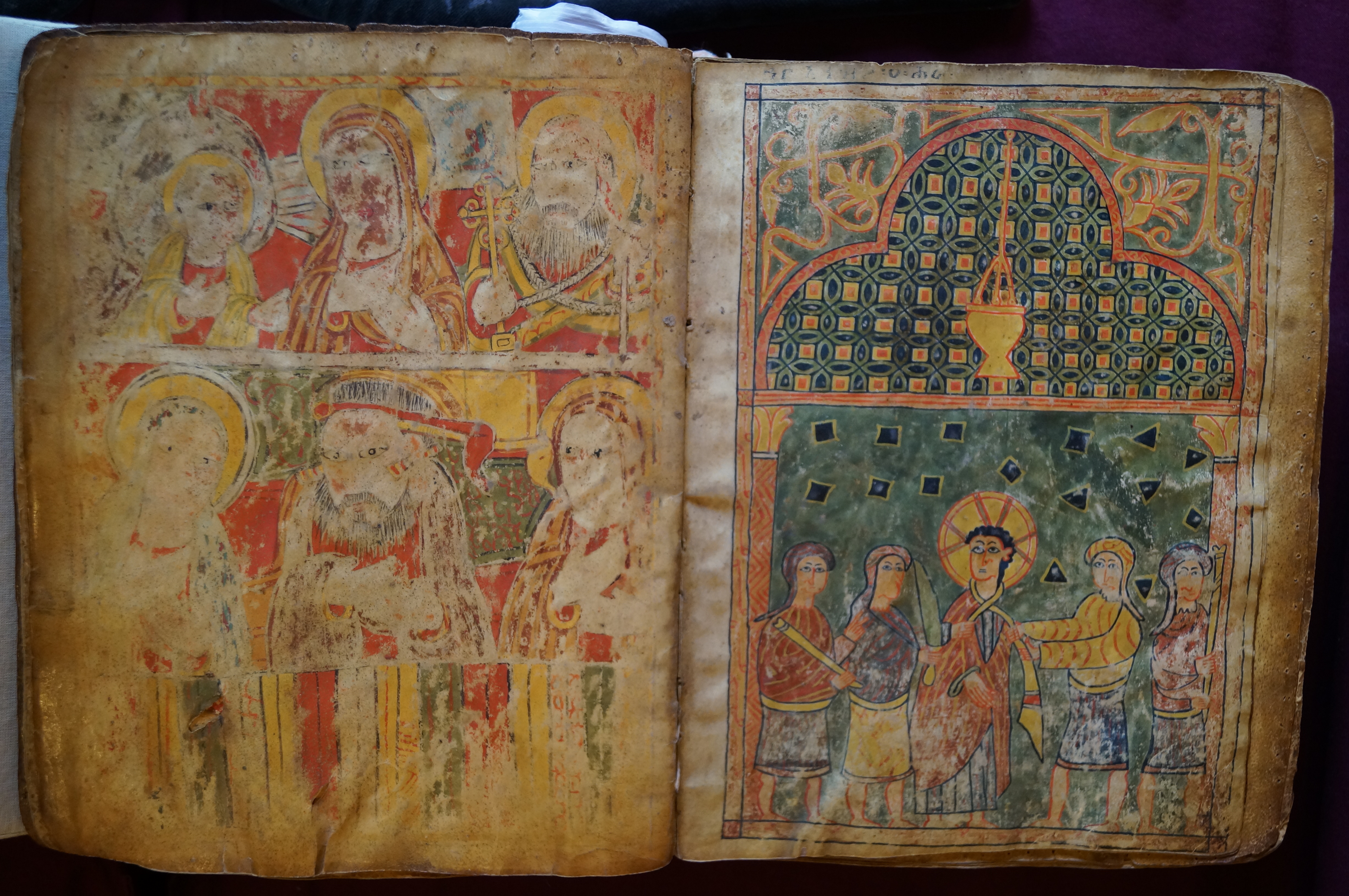 Six illustrated folios from an ancient Gospel book depicting scenes from the life of Christ, bound later with a Miracles of Mary manuscript. Right: "The Arrest of Christ." Late 14th century-early 15th century. From the collection of Bob McCarthy. 