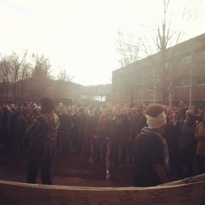 Image of the "Hands Up, Walk Out" demonstration organized by Decolonize Media Collective on Dec. 1, 2015