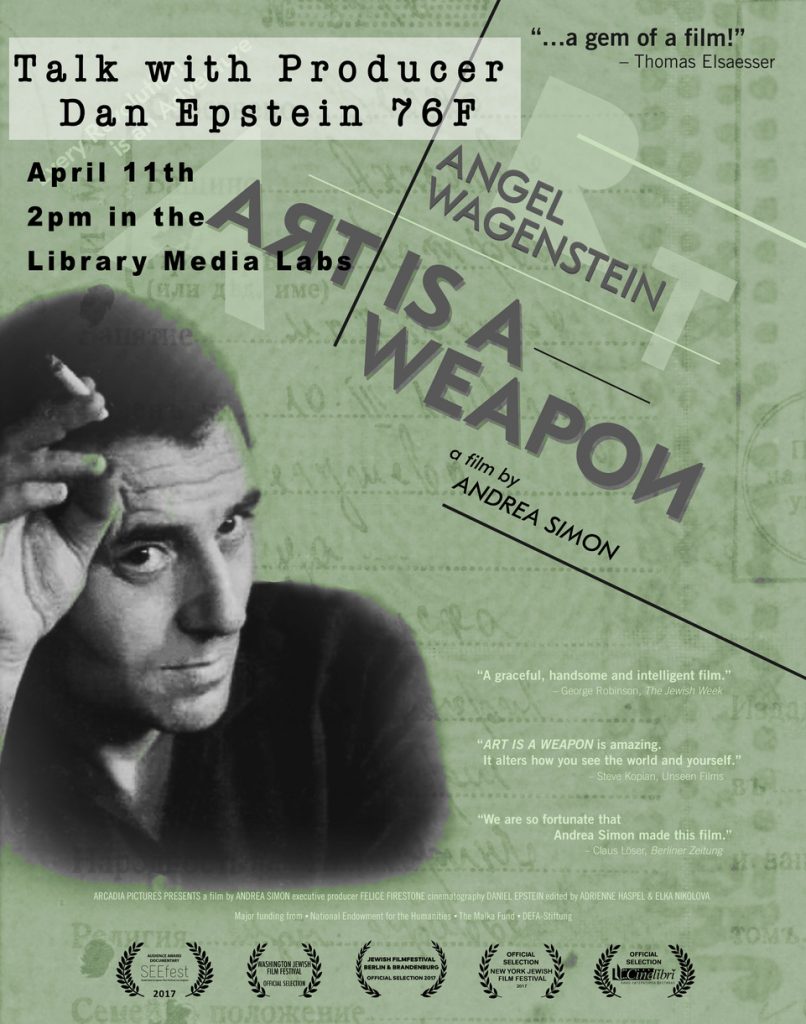 Poster for talk with Hampshire alum Dan Epstein 76F 2:00 PM Wednesday, April 11, 2018 in the Library Media Labs
