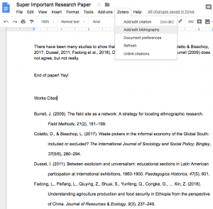 example of a bibliography generated using the Zotero tab in Google Docs