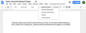 example showing the location of the zotero tab in google docs