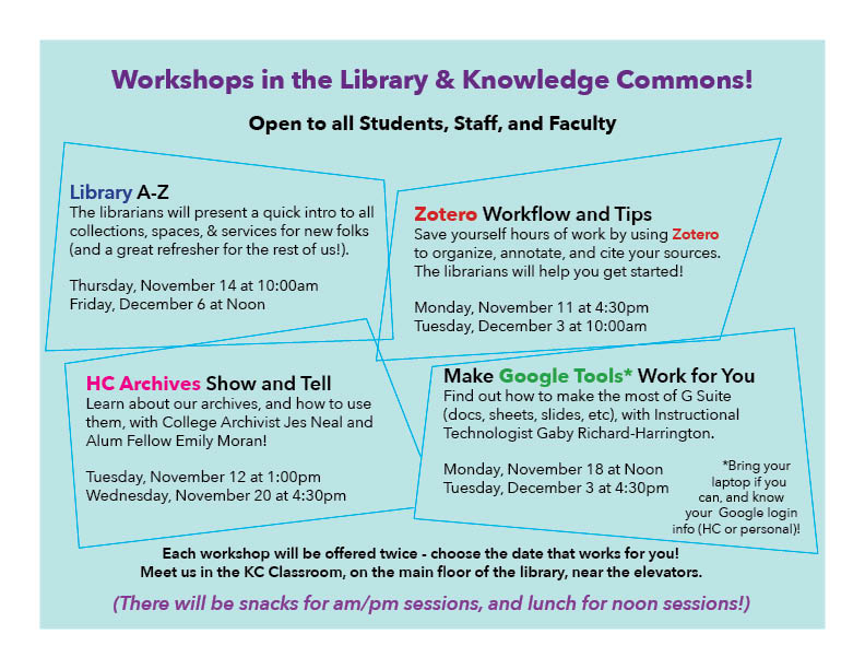 Image showing the descriptions & dates for 4 workshops in the Library & Knowledge COmmons. Text is replicated in the post.