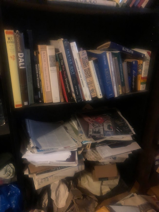 Ethan's bookshelf, with the lower level filled with collected newspapers and magazines