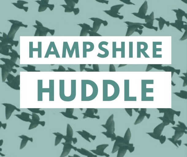 Hampshire Huddle text on pale blue-green background image of birds flocking