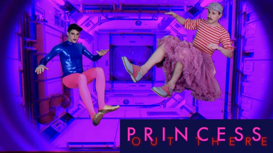 Michael O'Neill and Alexis Gideon floating in space shuttle with pink/blue lighting