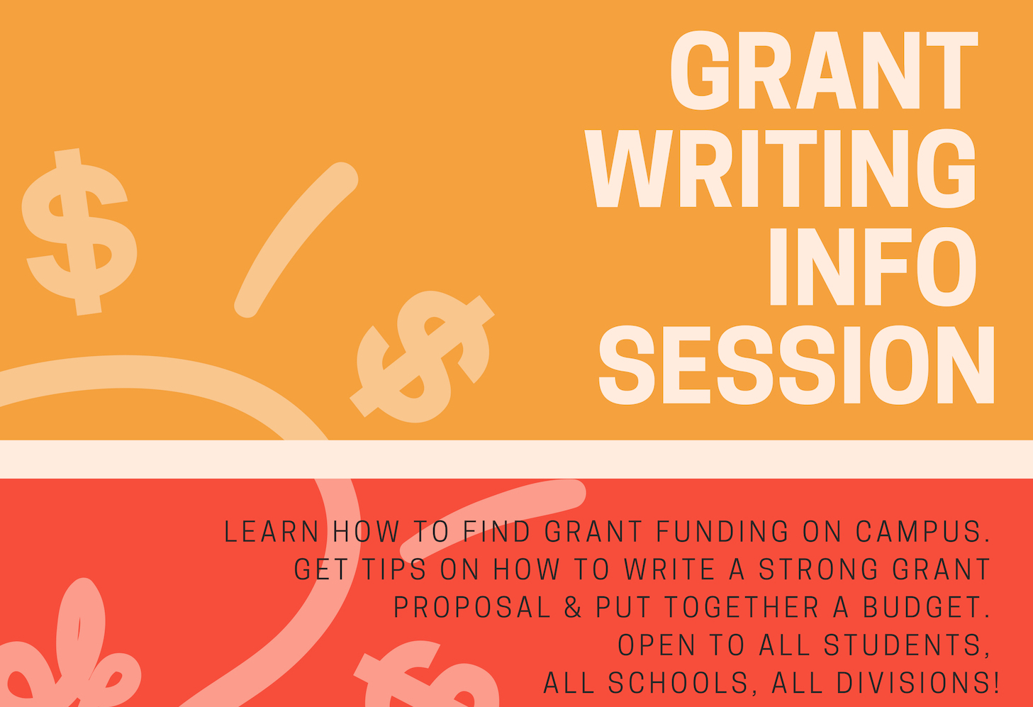 grant info session flyer in orange and salmon blocks with light bulb image