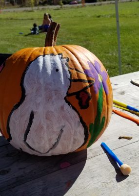 pumpkin with cartoon bird painted on it