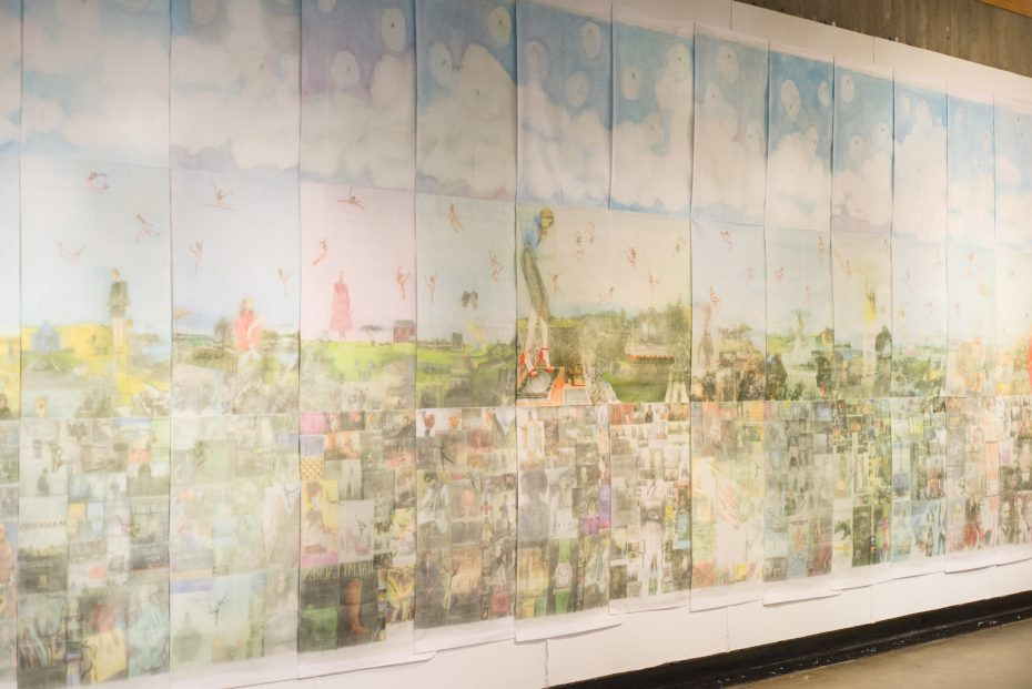 large textile installation with colorful collages magazine image transfers