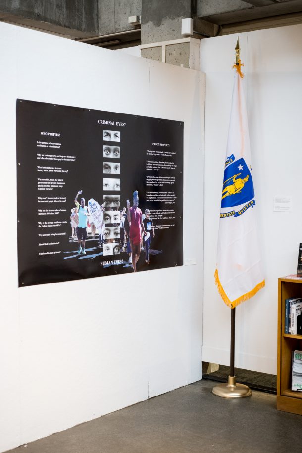 gallery walls with a large infographic print and a flag next to a small bookcase