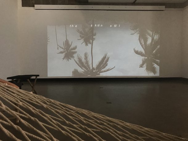 video installation upside down palm trees and hammock