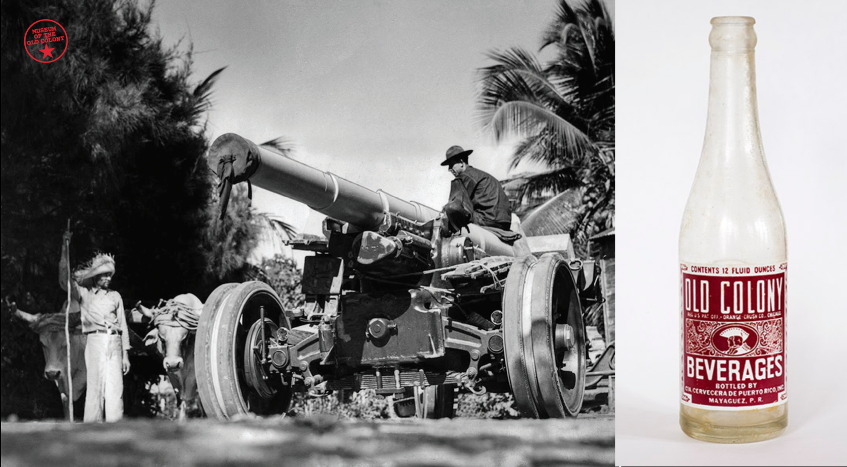 archival photograph of soldier with tank, photograph of Old Colony brand soda bottle
