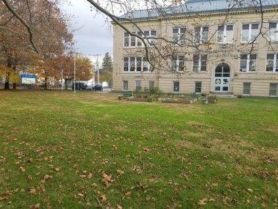 Picture of the back or front lawn at a school building. The lawn has a small garden closer to the schools doors. The building is a three story with tan and white colorr theme.