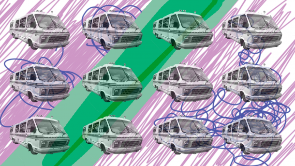 Purple roughly filled in background that has a thick diagonal green line (different shades) going through the center. Blue-ish purple sqiggly lines drawn randomly. On top of all the colors are 12 black and white cut out photos of a travel bus.