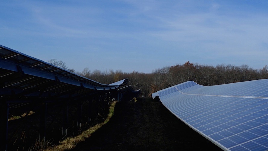 Photo at ground level of two solar panels with autumn trees in the background and blue sky.