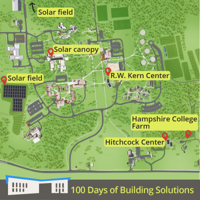 A map of Hampshire College with the following labels at locations that have solar panels: 2 solar fields, a solar canopy, the R.W. Kern Center, the Hitchcock Center, and the Hampshire College farm. A banner at the bottom of the image includes a simple shape of the R.W. Kern Center and reads: 100 Days of Building Solutions.