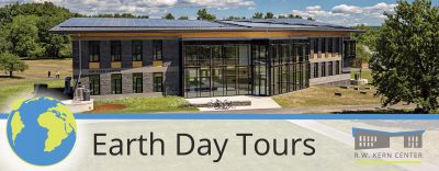 View of south facade of R.W. Kern Center; text below reads "Earth Day Tours" A logo of an earth and green leaf are in the left bottom corner.