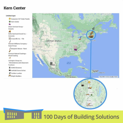 A map of the United States with building material icons shows the source location of different materials for the R.W. Kern Center. A banner at the bottom of the image includes a simple shape of the R.W. Kern Center and reads: 100 Days of Building Solutions.