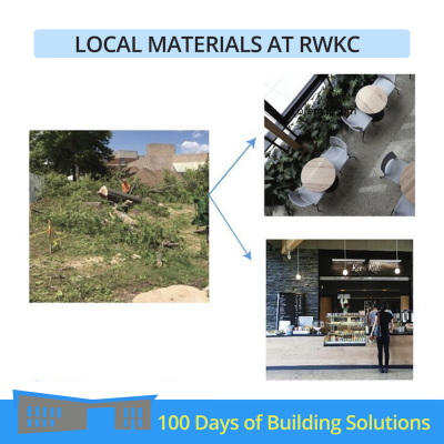Text reads "Local Materials at RWKC." An image of an oak tree being chopped down on the R.W. Kern Center site sits in a box on the left. Two arrows point to the right where there is an image of the rounded oak tables at the R.W. Kern Center and an image of the Kern Cafe's bar. A banner at the bottom of the image includes a simple shape of the R.W. Kern Center and reads: 100 Days of Building Solutions.