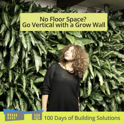 Text reads "No Floor Space? Go Vertical with a grow wall. A woman looks over her shoulder at wall of leafy plants. A banner at the bottom of the image includes a simple shape of the R.W. Kern Center and reads: 100 Days of Building Solutions.