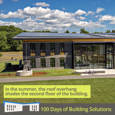 A picture of the R.W. Kern Center shows that the second floor is shaded by the roof overhang. Text reads: In the summer, the roof overhang shades the second floor of the building. A banner at the bottom of the image includes a simple shape of the R.W. Kern Center and reads: 100 Days of Building Solutions.
