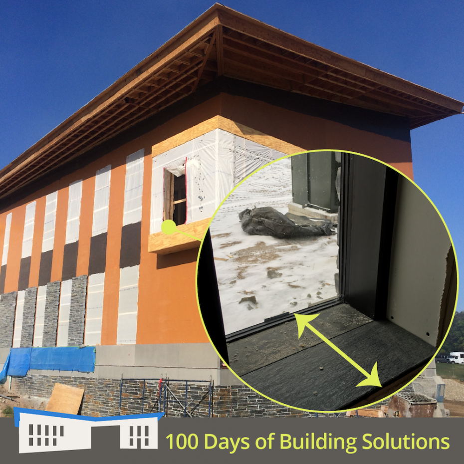 A photo of the R.W. Kern Center under construction is centered in the photo. A second circular photo overlays the first and highlights a thick wall section at a window. A banner at the bottom of the image includes a simple shape of the R.W. Kern Center and reads: 100 Days of Building Solutions.