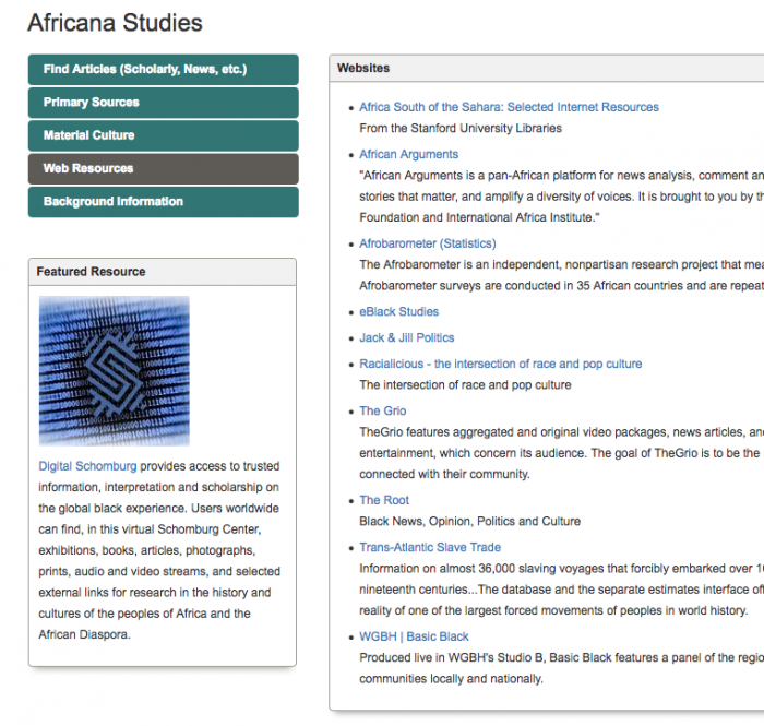 Screenshot from "Africana Studies" Resource guide