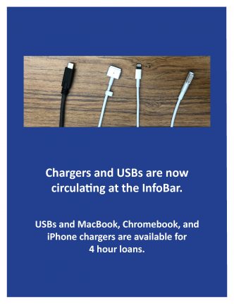 The InfoBar is now circulating chargers for phone and laptop