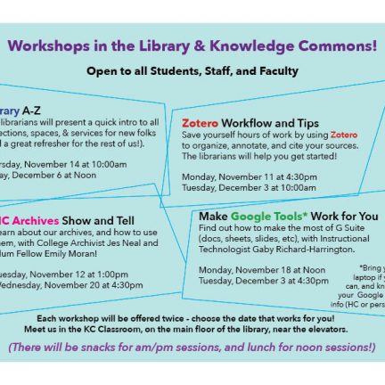 Image showing the descriptions & dates for 4 workshops in the Library & Knowledge COmmons. Text is replicated in the post.